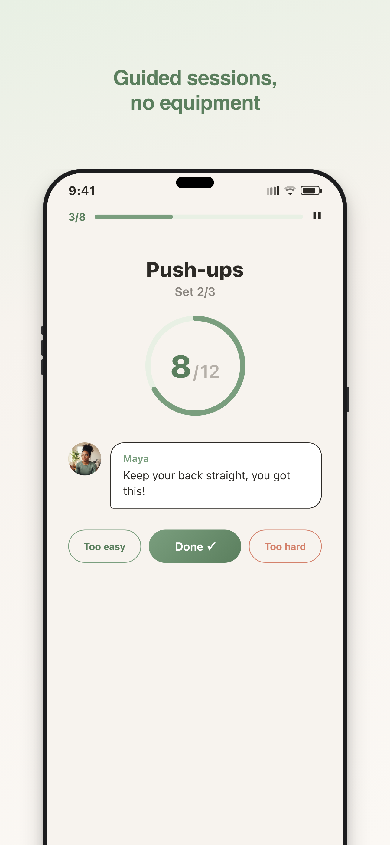 MoveKind screenshot — home screen with coach Maya