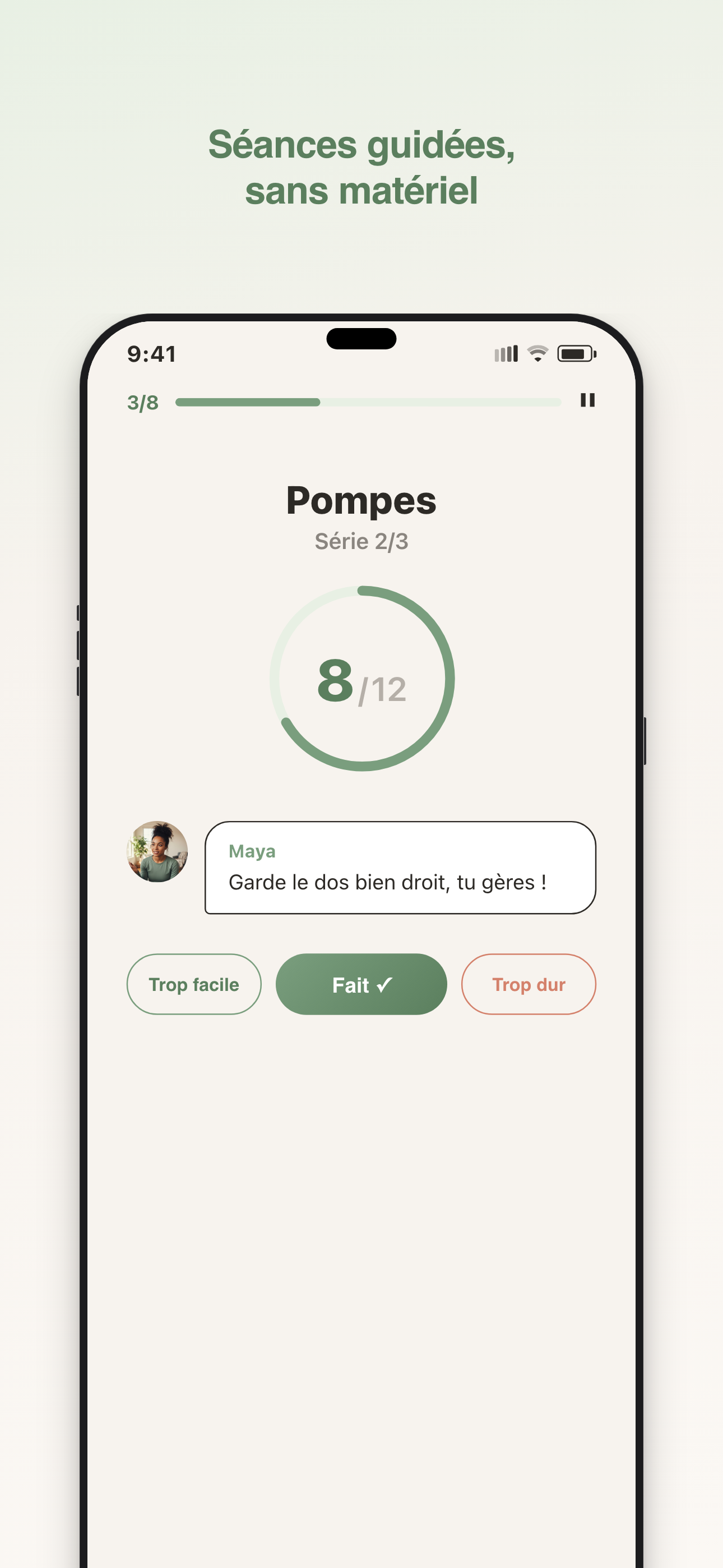 Capture d'écran MoveKind — écran d'accueil avec coach Maya
